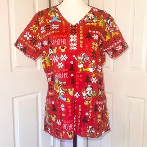 Disney characters Christmas vneck short sleeve smock scrub shirt, size small
